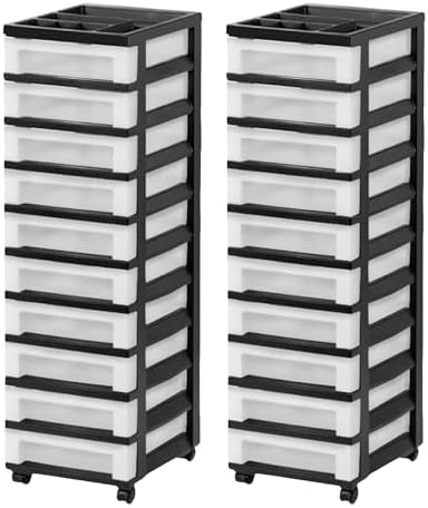 IRIS USA 2 Pack 10-Drawer Plastic Rolling Storage Cart Organizer with Wheels and Drawers for Craft Supplies, Office, Classroom and Closet Use, Black