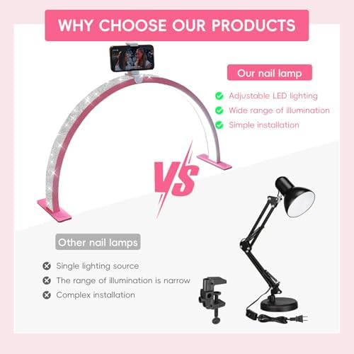 Large 29-inch Half Moon Light for Nail Desk,48W Lamp for Nail Desk with Hand Pillow and Phone Holder, Nail Desk lamp Pink for lash Eyelash Extension,Color Temperature 3000K-6000K (White)