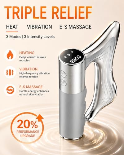 Muscle Scraper Tool, Heated Fascia Massage Tool with Vibration & Heating, Electric Body Contouring Device, 3 Modes LED Display, Rechargeable Wireless Gua Sha Massager for Full Body (Silver)