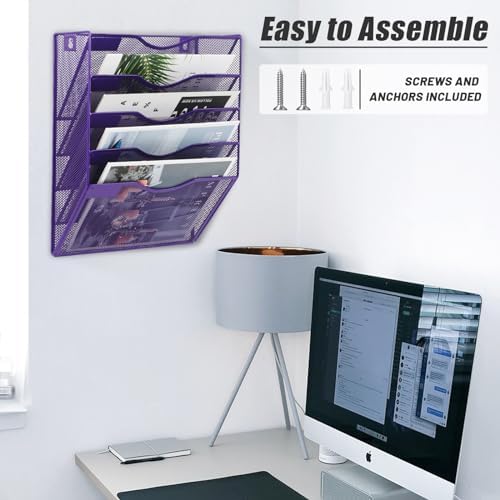 EASEPRES 5 Pocket Mesh Hanging Wall File Organizer, Wall Mounted Mail Paper Document Folder Holder, Clipboard Storage Organization Magazine Rack with Nametag Label for Office Home School, Purple