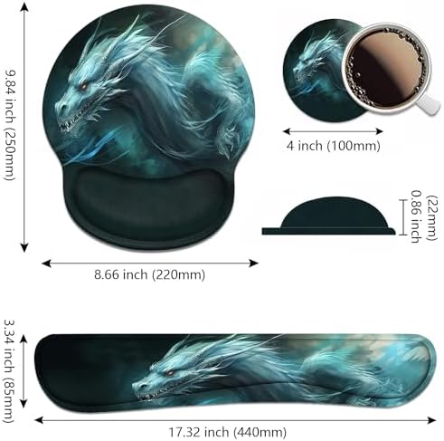 Keyboard Wrist Rest and Mouse Pad Wrist Support Set with Coasters, Ergonomic Gaming Mousepad Non-Slip PU Base for Home Office Working Studying Easy Typing & Pain Relief - Dragon