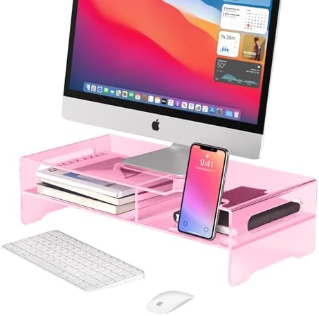 Pink Acrylic Monitor Riser, 2-Tier Desk Computer Stand With Storage & Phone Holder