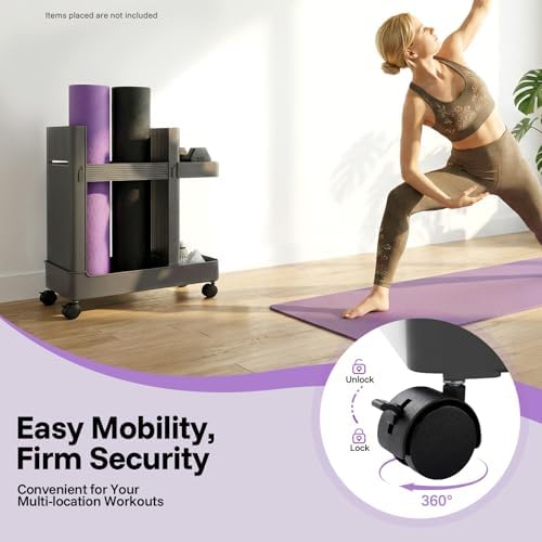 Home Gym Storage,2 Tiers Workout Equipment Organizer with Wheels Workout Equipment Storage Organizer Yoga Mat Storage Racks Home Gym Storage Rack for Yoga Mats, Foam Roller, Dumbbells