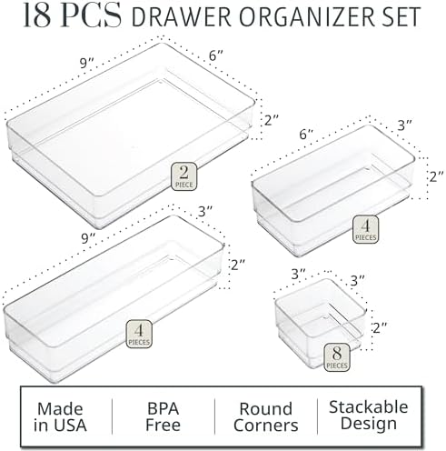 STORi SimpleSort 18-Piece Stackable Clear Drawer Organizer Set | Multi-size Trays | Makeup Vanity Storage Bins and Office Desk Drawer Dividers | Made in USA