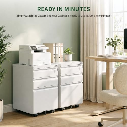 3 Drawer Metal File Cabinet with Lock & Rolling Casters