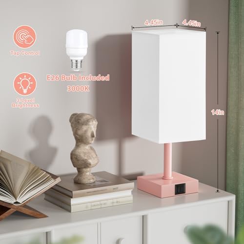 Touch Table Lamp for Bedroom - Dimmable, USB C+A, White Lamphade Pink Base