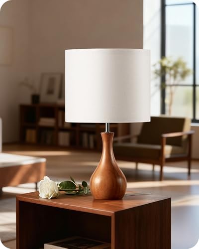 Small Table Lamp, Wood Bedside Lamp with White Linen Lampshade & Dark Wood Base, Mid Century Modern Nightstand Lamp for Bedroom, Living Room, Kid's Room, Dorm Room, E26 Socket, LW09TL05