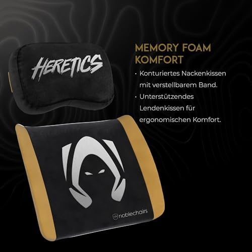 noblechairs Memory Foam Pillow Set – Heretics Edition for Esports Fans with Memory Foam and Team Heretics Branding - Black/Gold