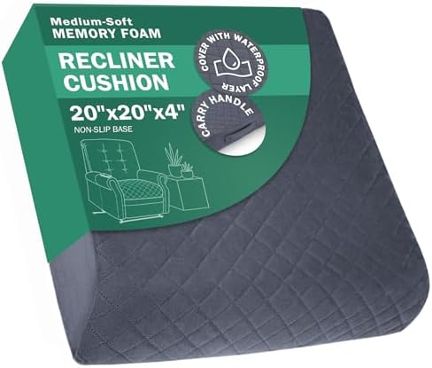 Medium-Soft 20x20x4 Memory Foam Recliner Chair Seat Cushion for Long Sitting - Armchair Pad with Washable Velvety Cover with Waterproof Layer & Non-Slip Base for Seniors & Elderly - Gray