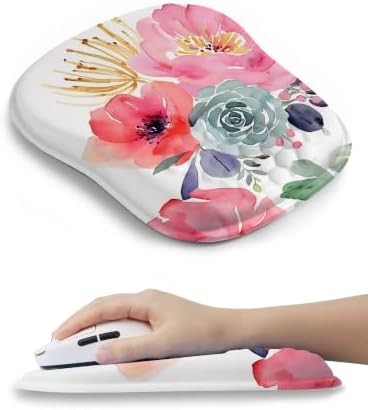 Watercolor Floral Ergonomic Mouse Pad for Carpal Tunnel Pain Relief, 65% Usable Mouse Area, Memory Foam Concave Wrist Rest for Office, PC, Gaming