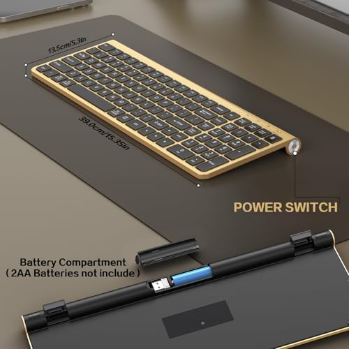 JOYACCESS Black Gold Wireless Keyboard with Low-Profile Keys - 2.4GHz Full-Sized,Windows & Mac OS, Quiet,Ergonomic Keyboard for Computer, Laptop, PC, Mac,Windows- Gold
