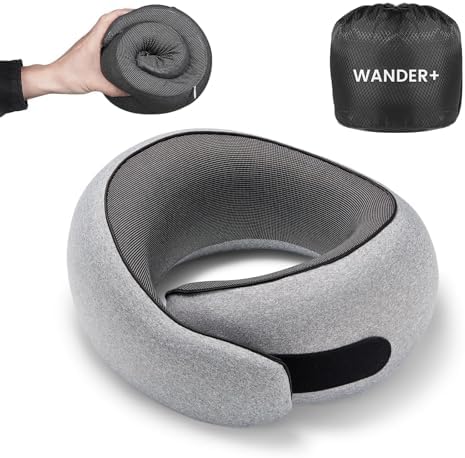 WANDER+® Travel Neck Pillow, Pure Memory Foam Neck Pillow for Airplanes, Comfortable Breathable Cover, 360 Degree Support Ergonomic Design Best for Sleeping Plane Train Travel Essentials Max Grey