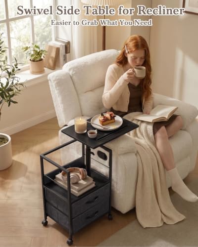 Faesun Night Stand with Charging Station & Swivel Top, Black Gray