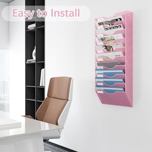 EasyPAG 10 Pocket Mesh Wall File Organizer, Hanging Paper Folder Holder with Classify Label, Vertical Wall Mount Mail Organizer for Office Home Classroom, Pink