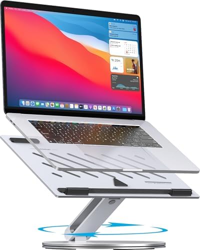 YICOSUN Laptop Stand for Desk, 360° Rotating Height Adjustable Computer Stand, Ergonomic Aluminum Laptop Riser with Ventilated Cooling, Foldable for 10-16 inch MacBook Pro Air Neo Dell HP - Silver
