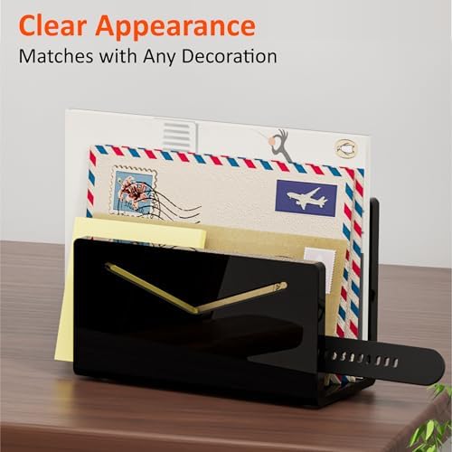 FUCDTEFC Acrylic Mail Holder, Black Acrylic File Letter Organizer, Vertical Envelope Mail Holder for Desk, Lightweight Countertop Bill Holding Sorter Letter Invoice Stand for Home Office School
