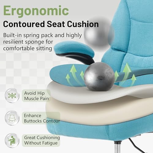 500LBS Drafting Chair, High Back Safer Standing Desk Chair, Executive Tall Office Chair with Flip-up Armrests, Upholstered Fabric Task Chair, Ergonomic Seat with Adjustable Height&Foot Ring, Blue