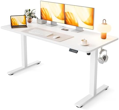 Cubiker Standing Desk, 55x24 Inches Sit Stand Home Office Desk, Electric Stand up Desk, Adjustable Desk with Splice Board, White Frame/White Top