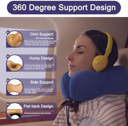 napfun Neck Pillow for Travel, Memory Foam Airplane Pillow, Full Dark Blue