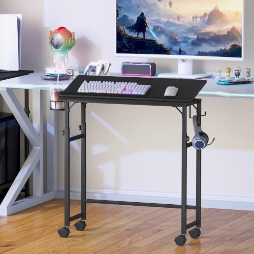 Snughome Mobile Keyboard Tray with Wrist Rest, Wire Cup Holder & 2 Hooks, Height Adjustable 27.5"-41.7", Rolling Keyboard Standing Desk with Lockable Casters for Home Office (Black)