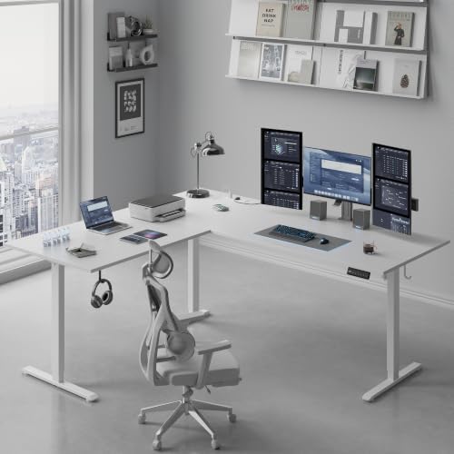 75x61 Inch L Shaped Electric Standing Desk, Corner Workstation, White