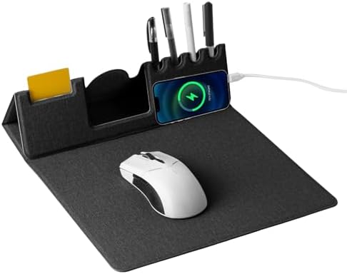 Mouse Pad with Phone Holder & Pen Holders, Wireless Charging Desk Mat, Mousepad Home Office Desk Pad with Ultra-Smooth Surface, Non-Slip Base, Waterproof Keyboard Pad, Classic Black Desk Mat