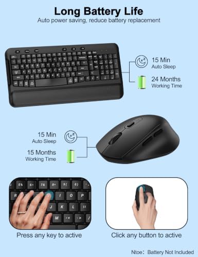 Ergonomic Wireless Keyboard and Mouse, Silent Wave Keys with Soft Palm Rest