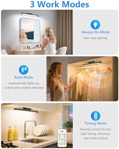 Ferswe 3W Motion Sensor Rechargeable Light Bar with Remote, Eye-Friendly Closet Lights with Battery Display, 2000mAh Makeup Lighting, Magnetic Light Bar for Cabinet, Closet, Bathroom and Desk