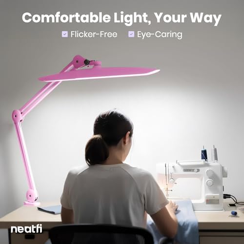 Neatfi XL 2200 Lumens 20W LED Desk Lamp with Clamp – Adjustable Color Temperature | 4-Level Dimmable Light | Home Office, Crafts & Workbench | 20-Inch Wide Head (Pink, CCT with Clamp)