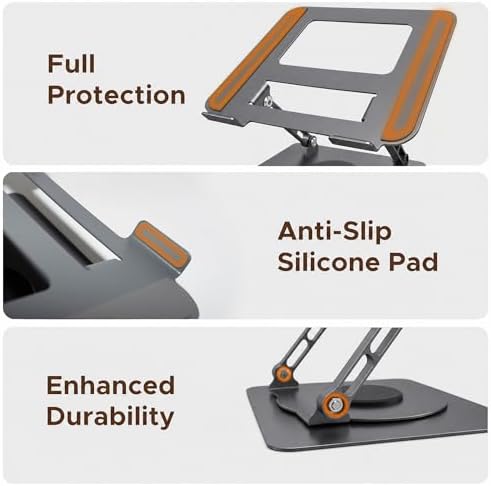 Aluminum Laptop Stand for Desk, Heavy Duty Computer Stand with 360° Rotating Base, Ergonomic Adjustable Height Notebook Riser, Compatible with MacBook Pro/Air, Dell, HP, 10-17” Laptops - Grey