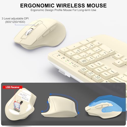 Wireless Keyboard and Mouse Combo, 2.4G Ergonomic Wave Keys (Latte)