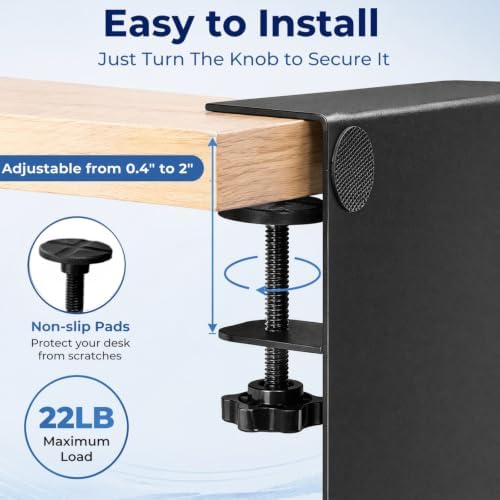 AVLA Desk Side Storage Organizer, 2 Tier No Drill Under Desk Laptop Holder, Steel Clamp On Desk Shelf With Magnetic Pen Box, Hanging Mount File Holder for Office, Fits Flat Table Edge 0.4" to 2"