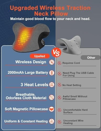 Upalled Wireless Heated Neck Stretcher for Pain Relief, Portable Cordless Neck Shoulder Cervical Traction Device with Graphene Heating Pad No Smell Magnetic Therapy Case Relaxer for Spine Alignme