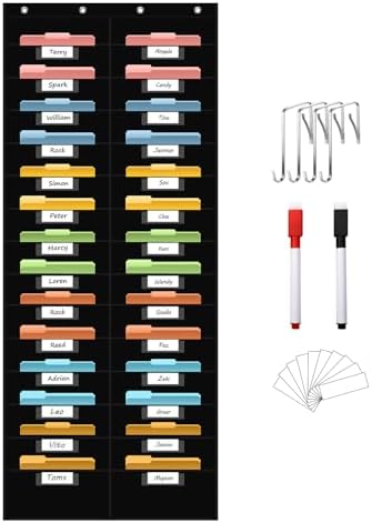 ANCOMEDO 28 Pocket Hanging Wall File Organizer with 28 Name tag Pockets, File Storage Pocket Chart for Classroom and Office Use. Keeps Assignments, Files, Scrapbooks, and Papers Neatly Organized.