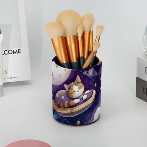 Leather Pen Holder for Desk, Planet Cat Pencil Cup Pen Organizer Makeup Brush Holder for Office Home Kids Countertop Desk Accessory Storage