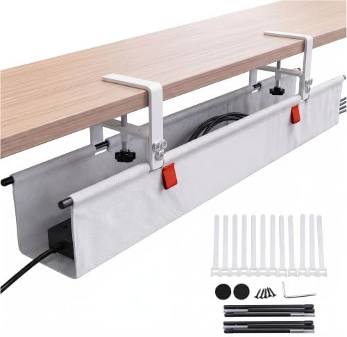 Under Desk Cable Management Tray 36" — No Drill Clamp-On Cord Organizer for Desk with Built-in Ties, Heavy Duty Metal Clamp, Foldable 600D Oxford Fabric for Home Office, WFH & Gaming PC Setup (White)