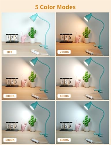 BOHON Desk Lamp with Clamp, Clip on Light, 5 Color 10 Brightness, Teal