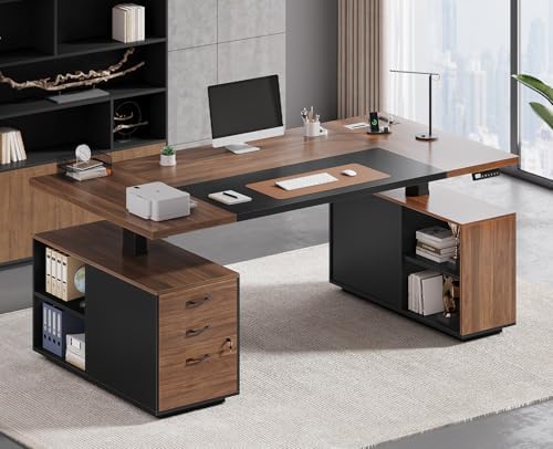 71" Electric Standing Desk with Drawers, Electric Height Adjustable Executive Desk with Lockable File Cabinet, Home Office Desk, Open Storage Compartments, Built-in Power Outlet, Black