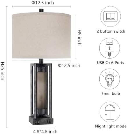 Set of 2 Industrial Table Lamps for Living Room with USB C+A