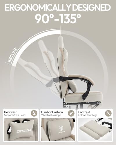 Dowinx Gaming Chair Breathable Fabric Game Chair with Gel Pad and Storage Bag, Comfortable Gamer Chair with Pocket Spring Cushion, Ergonomic Computer Chair with Footrest, Beige and Brown