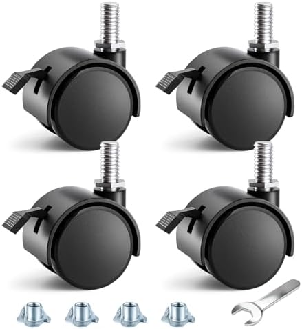 2 Inch Furniture Stem Casters Set of 4, Threaded Stem Diameter 5/16" Plastic Locking Caster Wheels, Black Swivel Small Castors with T-Nuts, for Table, Cabinet, Storage Rack