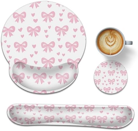 Cute Bow Wrist Rest Mouse Pad and Keyboard Support Set,Pink Heart 3 in 1 Ergonomic Memory Foam Mousepad with Non Slip Base, Gaming Mouse Pad for Office and Home