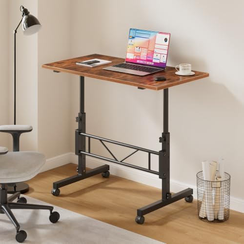 VECELO Small Standing Desk Adjustable Height, Mobile Computer Workstations with Wheels, Portable Rolling Laptop Table for Walking Pad, Home Office, Rustic Brown