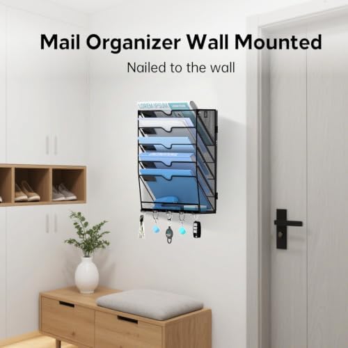 2 Pack 6 Tier Wall File Organizer - Hanging File Organizer with 5 Hooks, Mail Holder Wall Mounted for Papers, Folders, Magazines, Bills, Office&School Organization, Black