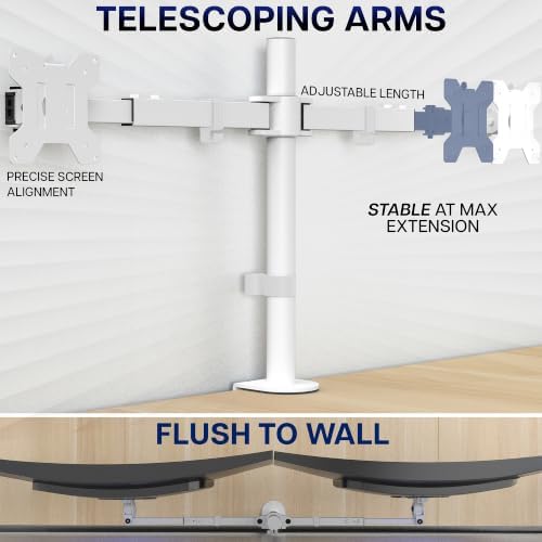 VIVO Dual LCD LED 21 to 32 inch Monitor Desk Mount, Heavy Duty, Adjustable Telescoping Arms, Flush Wall Setup, Fits 2 Screens, White, STAND-V002EW