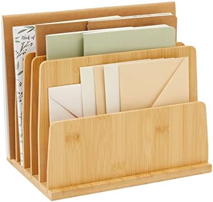 Bamboo Wooden Mail Holder, File Sorter for Letter and Folder Document Storage, Envelope Organizer with 5 Slots for Office Desk, Countertop, Home Organization (10x7 in)