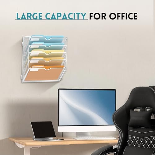 SUPEASY 5 Tier Wall File Organizer, Hanging Wall Mounted Mail Organizer with Label Slots, Metal Mesh File Holder Magazine Rack for Office, Home, School or Classroom, White