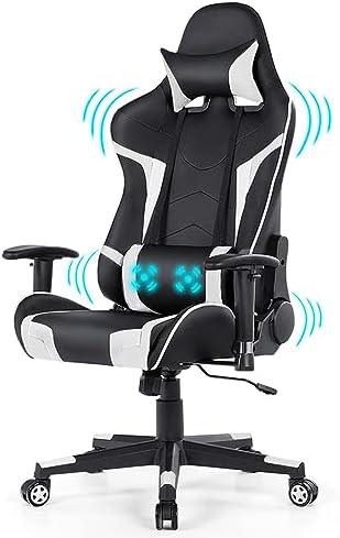 DORTALA Ergonomic Gaming Chair, High-Back Racing Chair w/Massage Lumbar Support, Extra Power Bank Pocket, 360° Swivel, Adjustable Backrest & Armrest, for Office, Game Room (White)