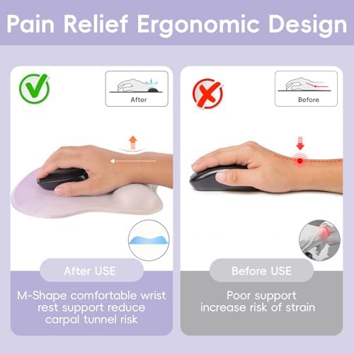 Mouse Pad with Wrist Rest Ergonomic Mouse Pad with Comfortable M-Shape Pain Relief Wrist Support Non-Slip PU Base Mousepad for Laptop, Office & Home (Lilac)