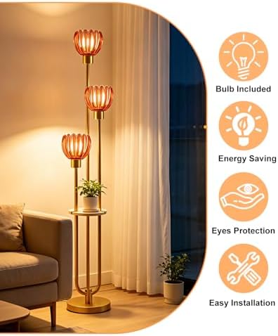 Lightdot Lotus Glass Floor Lamp with Shelf Red Flower Gold Floor Lamps